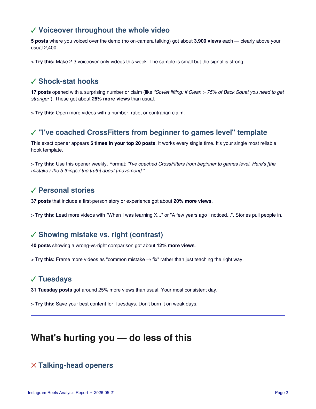 Reel Analyzer report preview: executive summary page showing top viral content patterns and reach insights from your Instagram account