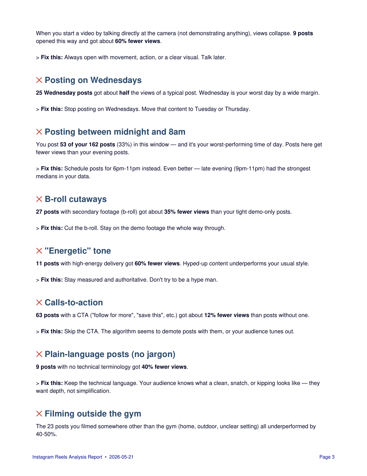 Instagram Reels content analysis: what increases reach vs what kills views, ranked by impact